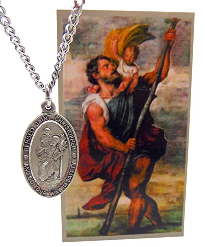 St Christopher Pewter Medal Steel Chain USA Made with Holy Card &Gift Box