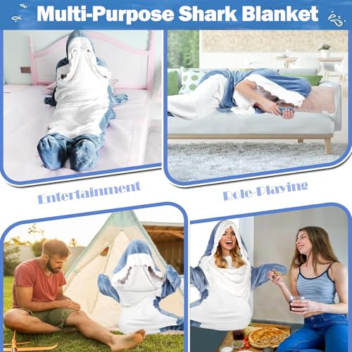 DDMY Shark Blanket Cozy Blanket Hoodie, XL Size Flannel Shark Onesie Wearable Blanket for Adult Cartoon Throw Blankets Shark Sleeping Bag XL-Flannel