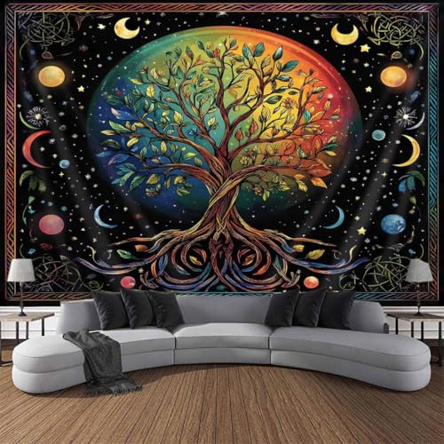 FENDROM Moon Phase Tree of Life Tapestry Galaxy Sun and Moon Flower Plant Tapestries Boho Mandala Spiritual Aesthetic Wall Hanging Backdrop Blanket for Bedroom Living Room Dorm Decor 79"L x 59"W