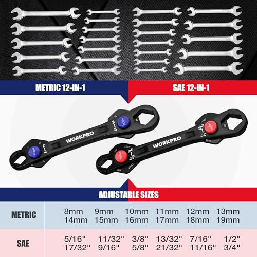 WORKPRO 2-piece 12-in-1 universal adjustable wrench set with metric and SAE sizes