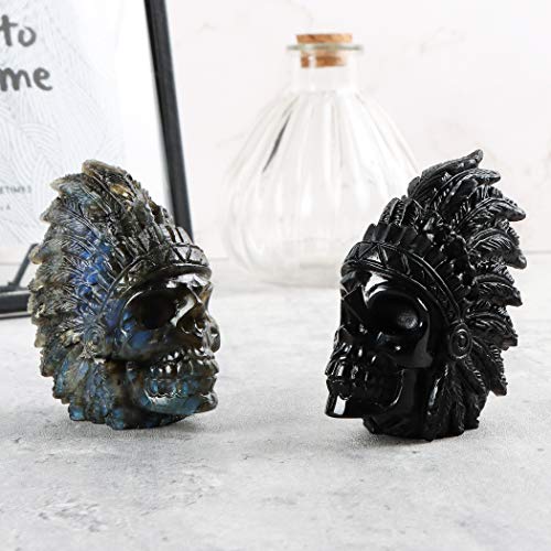 SMQ 2.5" Native American Figurines Labradorite Crystal Indian Skull Head Statue,Hand Carved Gem Skull Figurine Ornament for Halloween Carnival Festival,Home,Closet Decor 2.3*2.5Inches