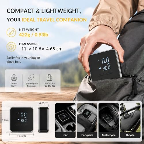 KinZon Portable Wireless Air Compressor - Car Tyre Inflator 150PSI Dual Power 12V + Battery, Auto Shut-Off Digital Display LED Lamp for Car, Motorcycle, Bike, Emergency