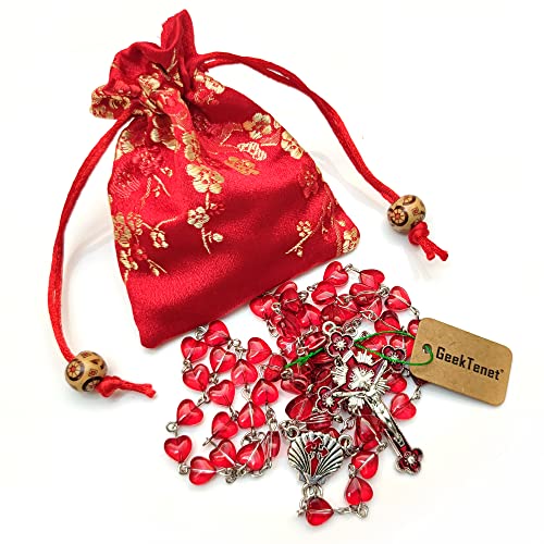 Rosary Beads Chaplet heart-shaped Artificial Crystal Glass Rosery Cross Catholic gifts Red
