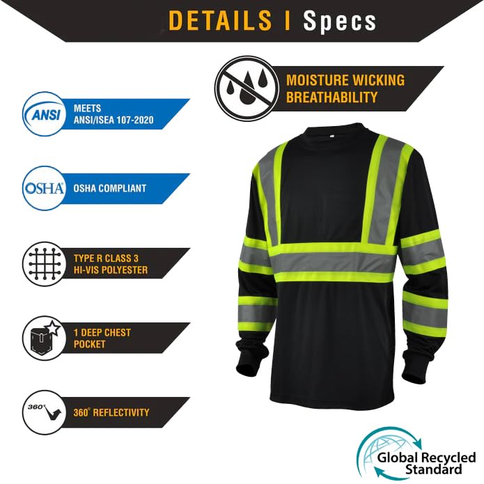 L&M Hi Vis Class 3 T Shirt Reflective Safety Black Short Long Sleeve HIGH Visibility 39 55 Medium Black(long Sleeve)