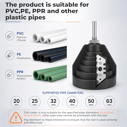 Plastic pipe chamfering tool, pipe deburrer for 20, 25, 32, 40, 50, 63 mm pipes, pipe deburring tool with drill connection, pipe milling cutter, pipe chamfering tool, pipe deburrer for PVC, PE, and PPR pipes