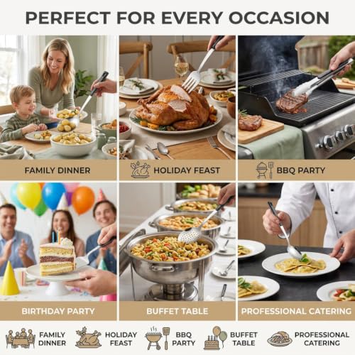 Set of 10 stainless steel metal serving utensils by HAPPY KIT, including spoons and tongs for serving food and salads.