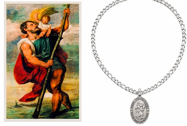 St Christopher Pewter Medal Steel Chain USA Made with Holy Card &Gift Box