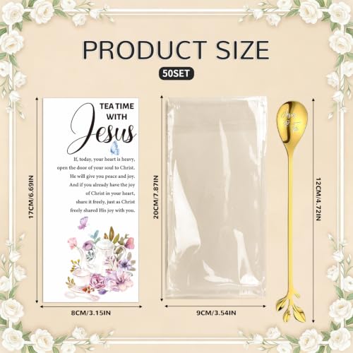 50 Sets Christian Tea Party Favors Stainless Steel Leaf Tea Spoons with Prayer Cards Clear Bags, Religious Gifts for Women Ministry Mothers Day Easter Church Christmas Birthday Family Reunion Gifts Gold 50 Jesus and Tea