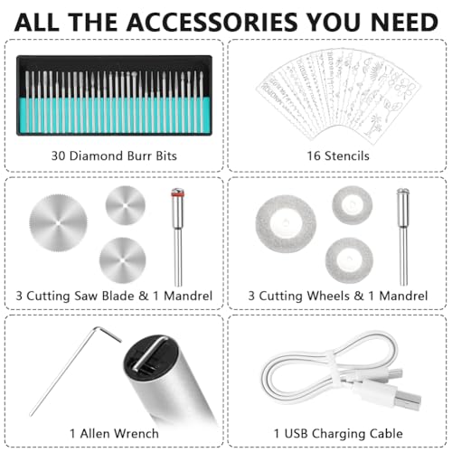 Ainiv Electric Engraving Tool Kit, USB Cordless Rechargeable Engraving Pen, Mini DIY Engraving Tool Kit, 30 Drill Rotary Carving Tools for Carving Glass Wood Metal Stone Plastic Jewelry, Silver Silver-electric Engraving Tool Kit