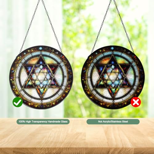 Star of David Stained Glass Window Hanging Suncatcher with Chain - 7.9" Outdoor/Indoor Art Decor for Home Garden, Thanksgiving, Wedding, Mother's, Valentine's & Christmas Ornaments Present Star of David