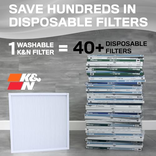 K&N washable MERV 8 HVAC furnace air filter, 10x20x1, black frame with white pleated filter media