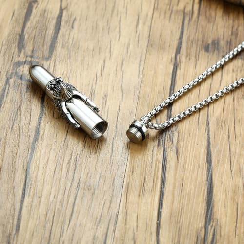 Stainless Steel Bullet Eagle Urn Necklace For Ashes Mens Cremation Urn Memorial Jewelry Silver