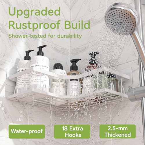 Shower Shelf Corner, Adhesive Shower Caddy Rustproof, Shower Shelves Corner with Soap Holder, No Drilling Shower Corner Organizer for Dorm, Renters Bathroom, White, 3 Pack