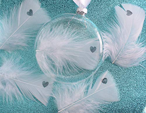 Heart Stamped Real White Feather in Glass Round Bauble Plus Black Display Stand. Christmas Tree Hanging Decoration. Spiritual Angel Gift