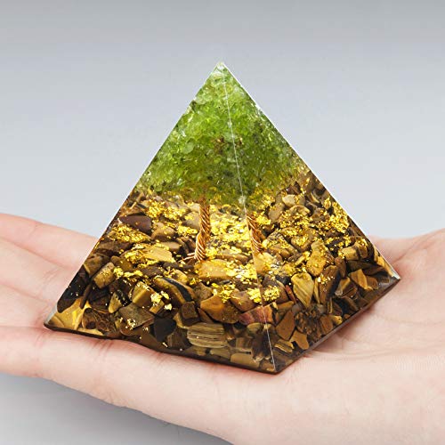 Nupuyai Tree of Life Peridot and Tiger's Eye Crystal Orgone Pyramid Stone for Protection, Reiki Healing Chakra Meditation Energy Generator for Home Decor Tiger's Eye Stone