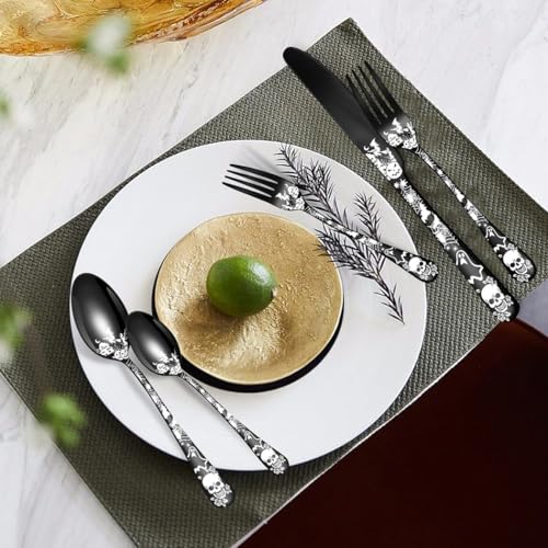XIAOYU Halloween Themed Skeleton Silverware Set for 4, 20-Piece Stainless Steel Flatware Set, Gothic Skeleton Pattern Decorative Cutlery Set, Halloween Easter and Christmas Tableware, Rainbow Purple, Red, Orange, Yellow, Green, Blue, Indigo, Violet