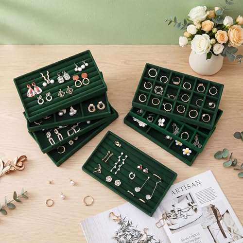 Highergo 8 Pcs Dark Green Velvet Jewelry Trays, 8.3x4.7x1'',Mixed Style Mixed Style