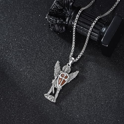 YAFEINI ST Michael Necklace 925 Sterling Silver Wood Saint Michael Pendant Patron Saint Amulet Protection Pendant Necklace Christian Jewellery Gifts for Women Men