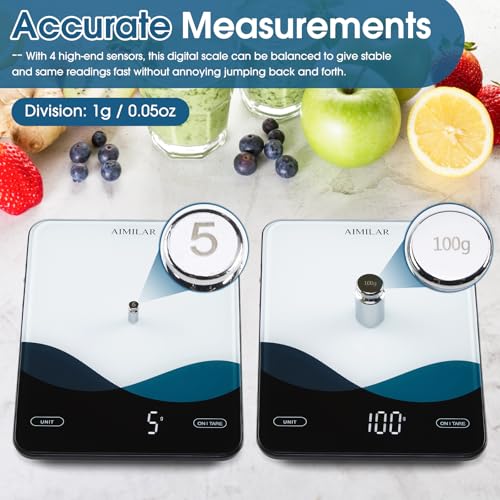 AIMILAR Bluetooth Smart Kitchen Scale 10kg/22lb - Nutrition Food Scale with App Calorie & Macro Tracker, 19+ Nutrients Analysis, USB-C Rechargeable, Tempered Glass, LED Display