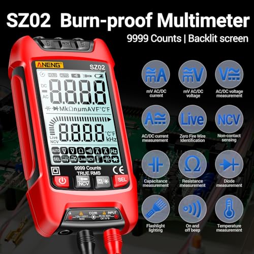 ANENG SZ02 digital multimeter tester with TRMS, 9999-count display, auto-ranging, and multicolored design