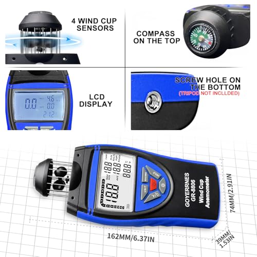 Digital Anemometer Wind Gauge, GR-8806 Handheld Wind Gauge, Anemometer Measures Wind Speed and Temperature, LCD Screen Data Storage, Supports Tripod Screws GR-8806-Blue