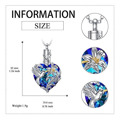 VONALA Hummingbird Urn Necklace for Ashes S925 Sterling Silver Hummingbird Cremation Jewelry for Ashes for Women Hummingbird Memory Ashes Keepsake Necklace for Loss Loved Ones Women Blue