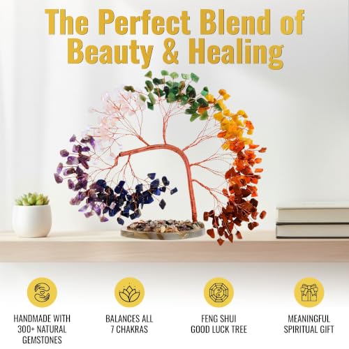 7 Chakra Crystal Tree of Life for Positive Energy, Home & Office Decor – Handmade Gemstone Money Tree with Slice Base, Feng Shui Good Luck Gift for Birthday, Anniversary, Christmas, Housewarming