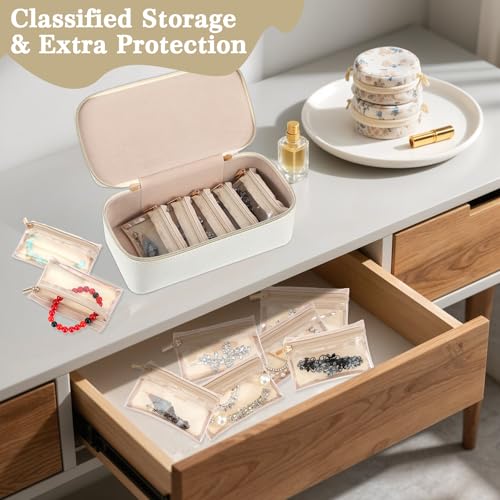 Small Jewelry Travel Case with 12 Velvet Pouches, Travel Jewelry Bag Organizer with Handle for Women Girls, Compact Jewelries Box for Earrings, Bracelets, Necklaces and Rings (White)