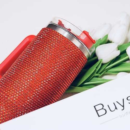 40 Oz Bling Tumbler With Handle Rhinestones Tumbler With Lid and Straw Fix for Car Cup Holder Insulated Stainless Steel Double Wall Water Cup Travel Mug Tumblr For Women (40 oz, Red) 40 Ounces