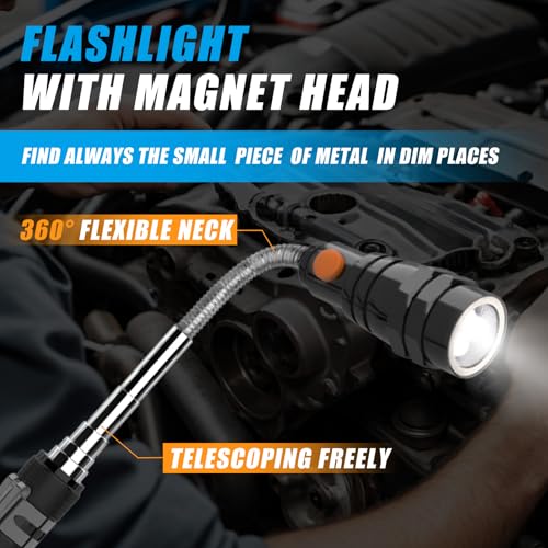 FFIPBGE 5-piece magnetic pickup tool set with magnetic rods, flashlight, swivel inspection mirrors and round square sweepers