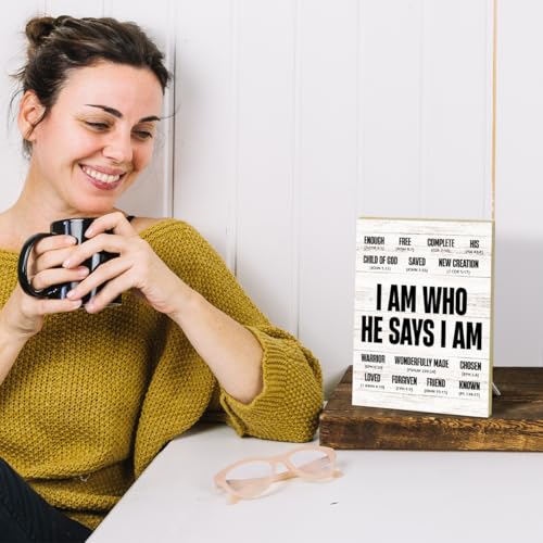 Christian Wood Plaques Desk Sign, Bible Verses Sign, I Am Who He Says I Am, Religious Gifts For Women, Desk Sign Scripture Wall Decor Prayer Room Decor -Ls25