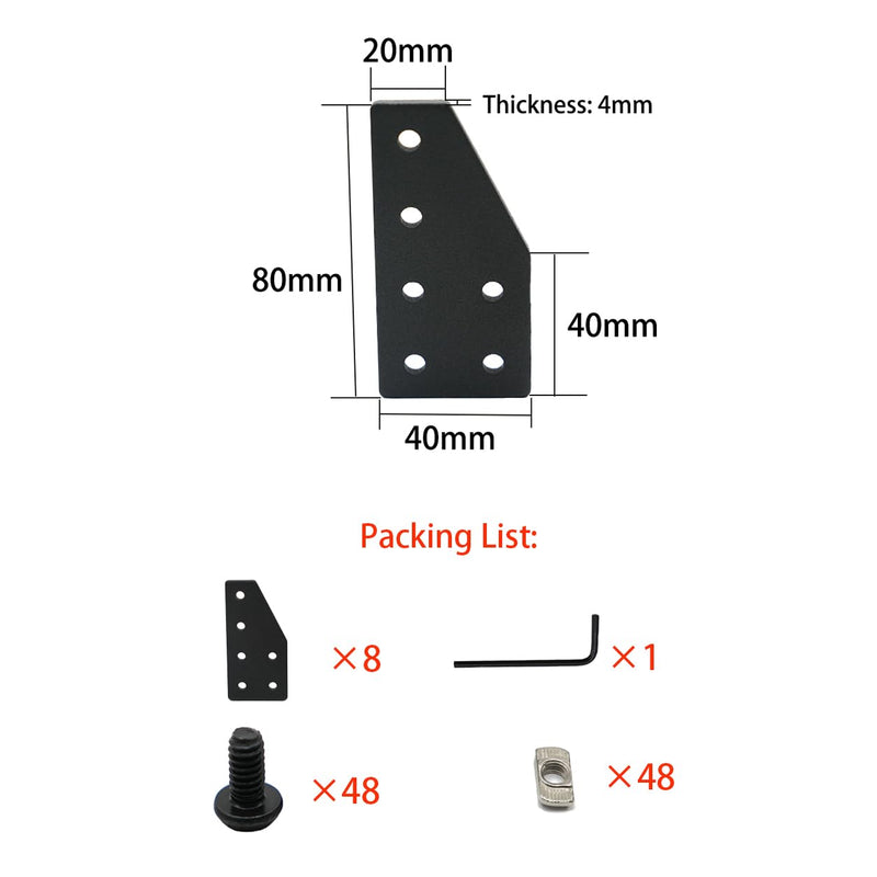 Iverntech 8 Sets Joint Plate Connector Corner Bracket Hardware L Shape 6 Hole for 2040 Aluminum Extrusion T V 6mm Slot with T Nuts and Screws Wrench Aluminum Profile Connector Accessories (Black) 2040 8 Pcs 6 Hole L