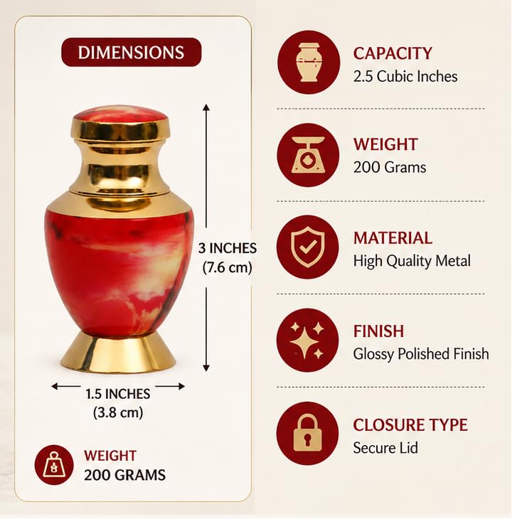 Brass Small Keepsake Cremation Urn, Red, 3 Inch