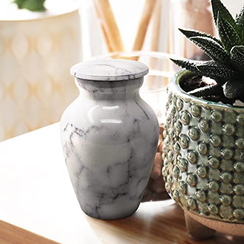 Set of 4 Elegant Marble Style Keepsake Urns – Metal Little Mini Urn for Human Ashes – Secure Screw Top – Small Personal Size – Carrara White Finish 4 Carrara White