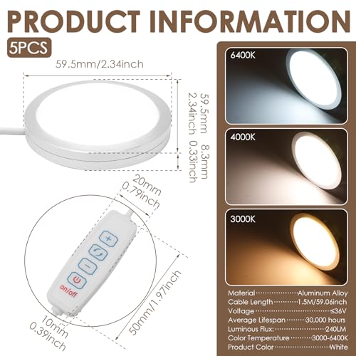 5 Pcs 3D Printer LED Lamp Kit 3 Color Temperature Adjustable Brightness 3000-6400K Compatible with 001 for Cabinet Display Shelf Desk and Bookcase