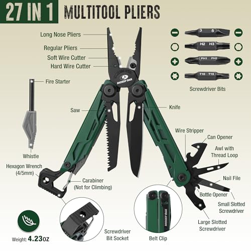 MOSSY OAK 27-in-1 CNC-Machined Multitool Pliers, Self-Locking Green