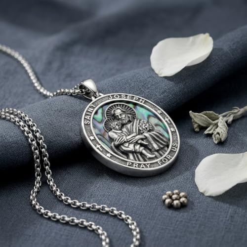 DAYLINLOVE Saint Joseph Necklace 925 Sterling Silver St Joseph Abalone Shell Pendant Necklace Christian Religious Catholic Jewellery Gift for Women Men