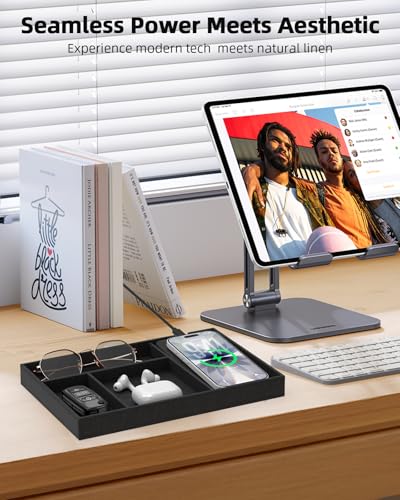 Valet Tray with Wireless Charger, Nightstand Organizer & Catchall Tray for Phone, Keys, Glasses and Accessories, Premium Linen, Stylish Desk & Bedside Storage Station, Black Black linen Single Charger