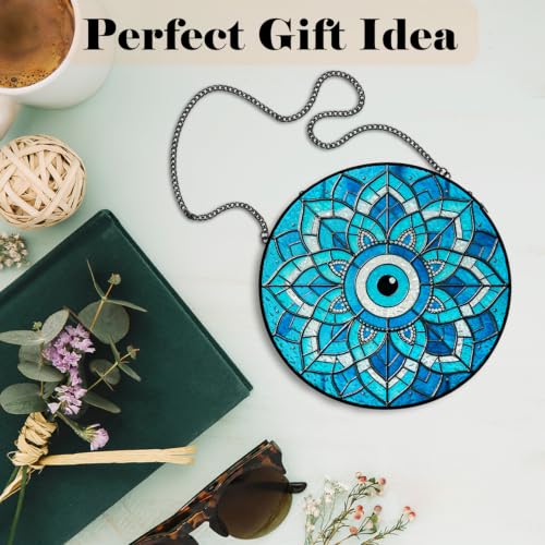 GZV Blue Evil Eye Stained Glass Window Hanging Suncatcher 7.9in