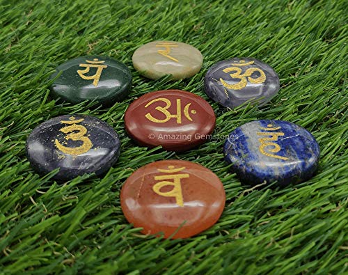 Amazing Gemstone 7 Chakra Disc Set Reiki Healing Crystal with Engraved Chakra OM Symbols Holistic Balancing Polished Palm Stones Set with Velvet Pouch
