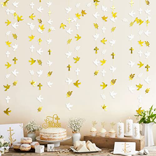 40Ft Gold and White Peace Doves Olive Leaf Cross Paper Garland Streamer for Spring Wedding Bridal Shower Birthday Engagement First Holy Communion Religious Christian Baptism Tea Party Decorations Gold Dove
