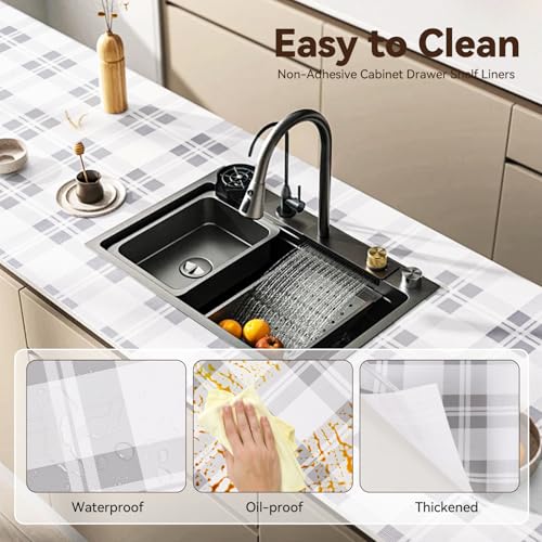 Drawer Shelf Liner for Kitchen Cabinets, Non Adhesive Slip Resistant Shelf Paper Easy to Clean, Strong Grip Thickened Waterproof Washable Mats for Pantry Shelves Cupboard Dresser(Grey, 24 in x 10 FT) 23.6"W x 118.1"L Gray