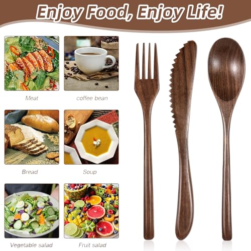 Geiserailie 12-piece wooden utensils set with walnut wood spoons, forks, and knives for serving and dining.