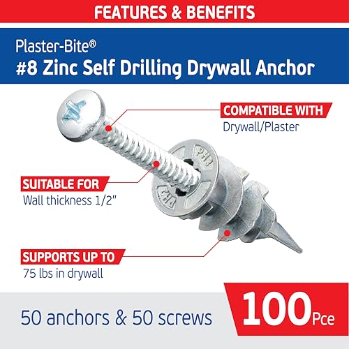FixMaster PBZ-50 self-drilling metal drywall anchors with screws, 50-piece heavy-duty zinc plaster wall anchor kit