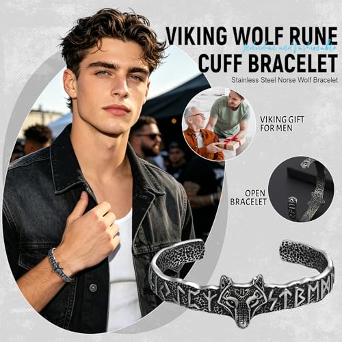 Cupimatch Viking Wolf Head Rune Bracelet Stainless Steel Cast Pattern