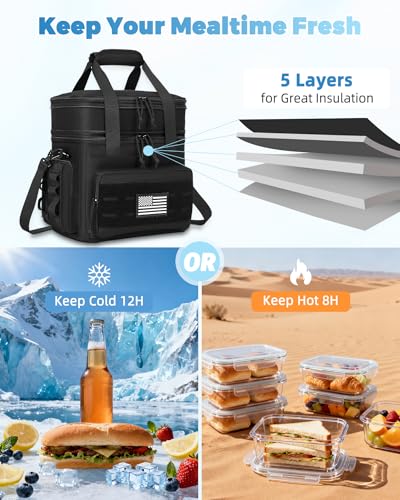 Holuxer tactical black XL lunch bag and lunch box for men, soft insulated design for carrying meals comfortably.