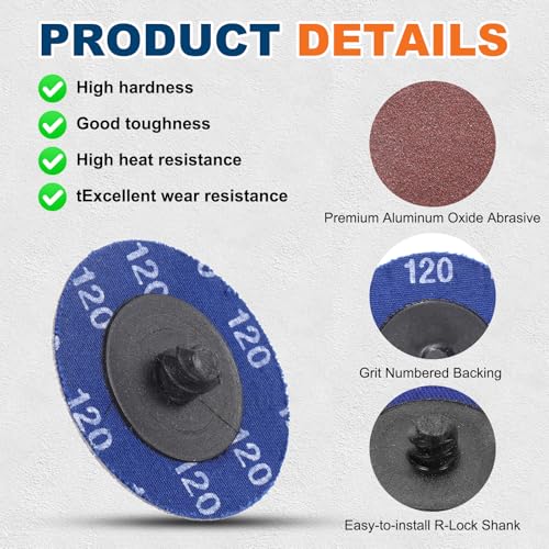 BOLTALIVON 2-inch 120-grit aluminum oxide die grinder sanding discs, 50-piece quick change set