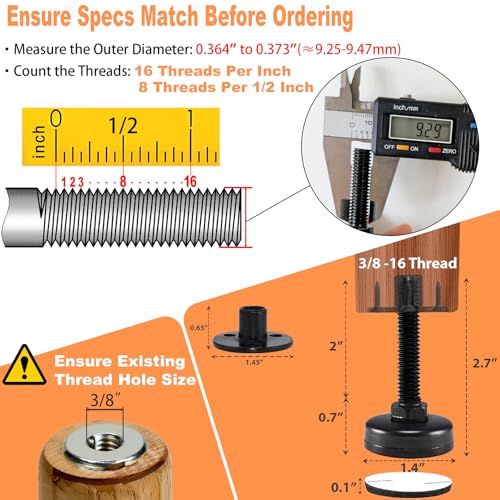 NEWBYTEK 3/8"-16 heavy-duty furniture leveling feet with 3-hole T-nuts, 4-pack long version