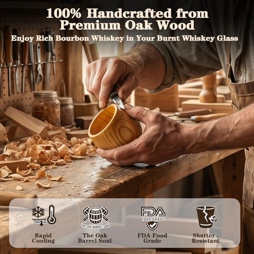 Bonteck Charred Wooden Bourbon Drinking Glass | Bourbon Gifts for Men | Large Old Fashioned Glass | 14 oz Wooden Whiskey Tumbler | Birthday Whiskey Gifts for Men, Dad or Brother (2 Pack) 2 Pack Charred