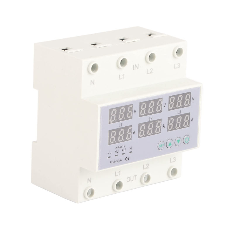 3 Phase DIN Rail Voltmeter Voltage and Current Protector Digital Display 3 Phase Voltage Monitoring Sequence Relay AC 390‑500V (63A) 63A